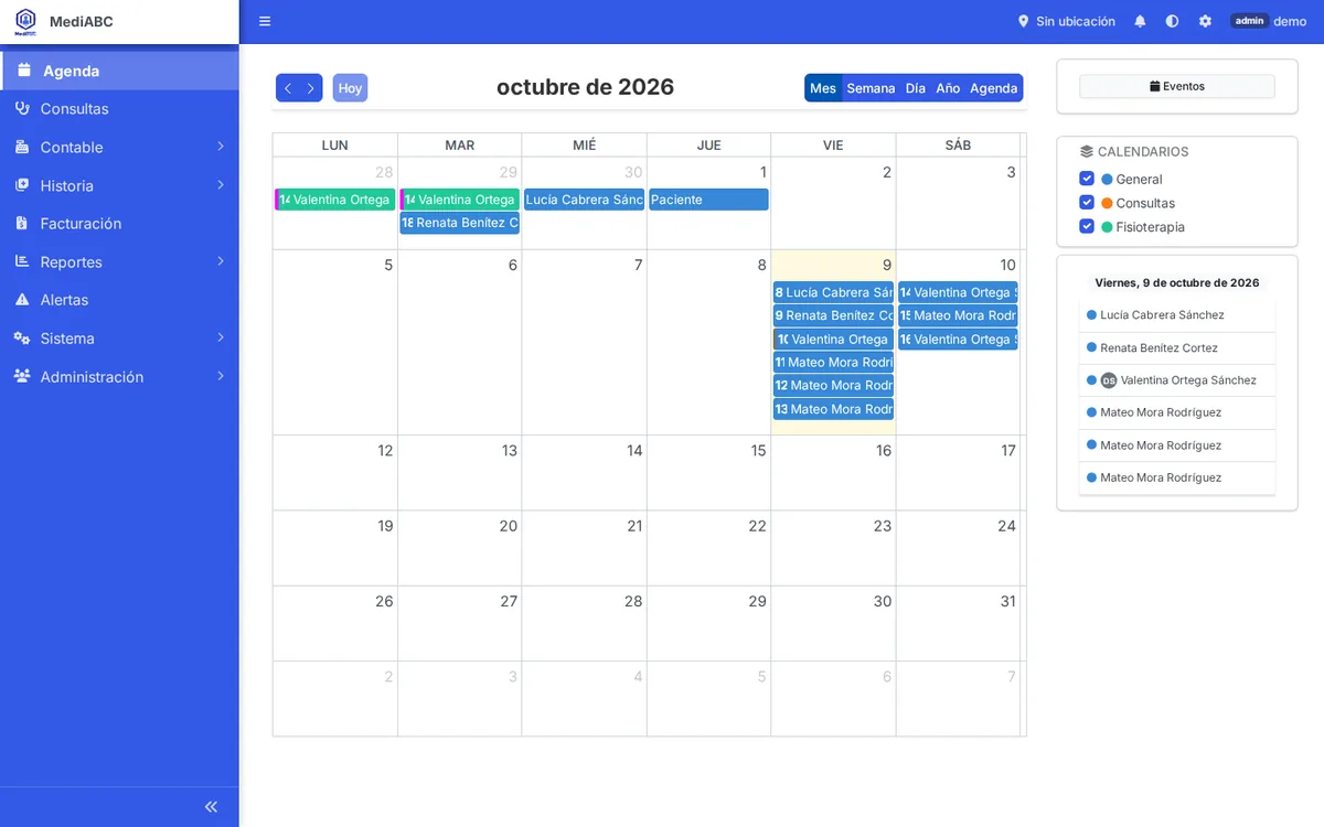 Agenda mensual del sistema MediABC con citas de consultas y fisioterapia