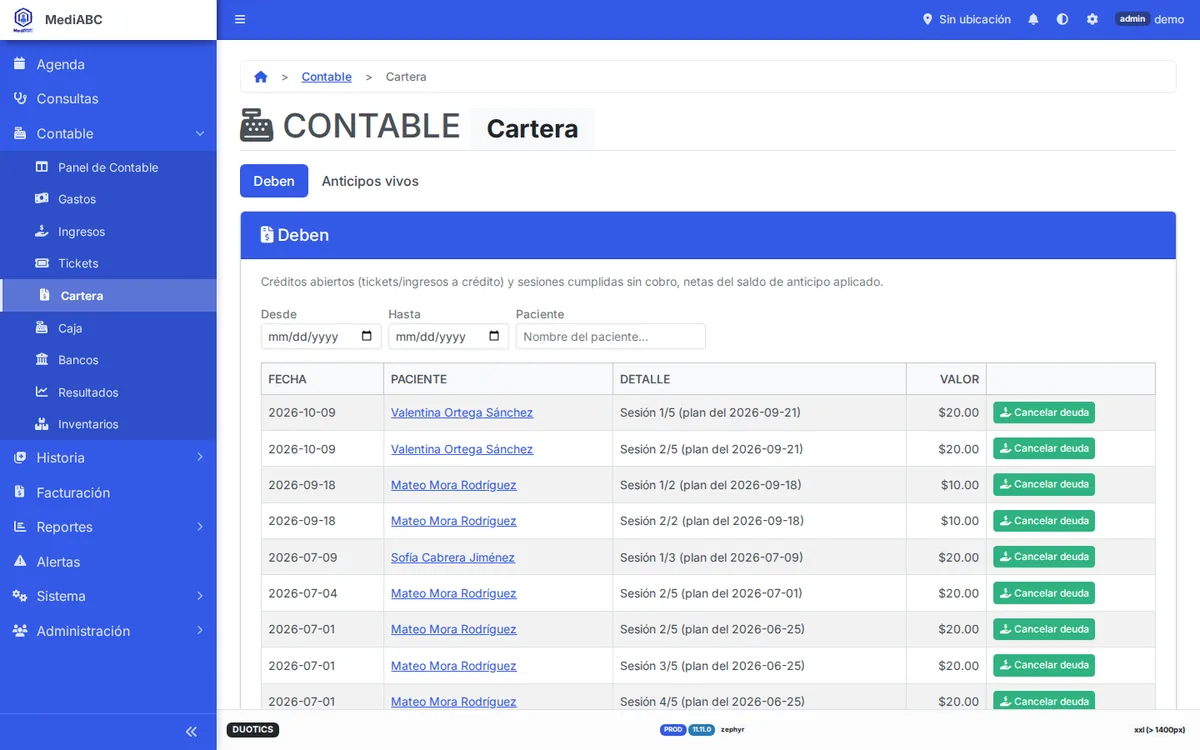 Cartera de deudas por paciente en el módulo contable del sistema MediABC