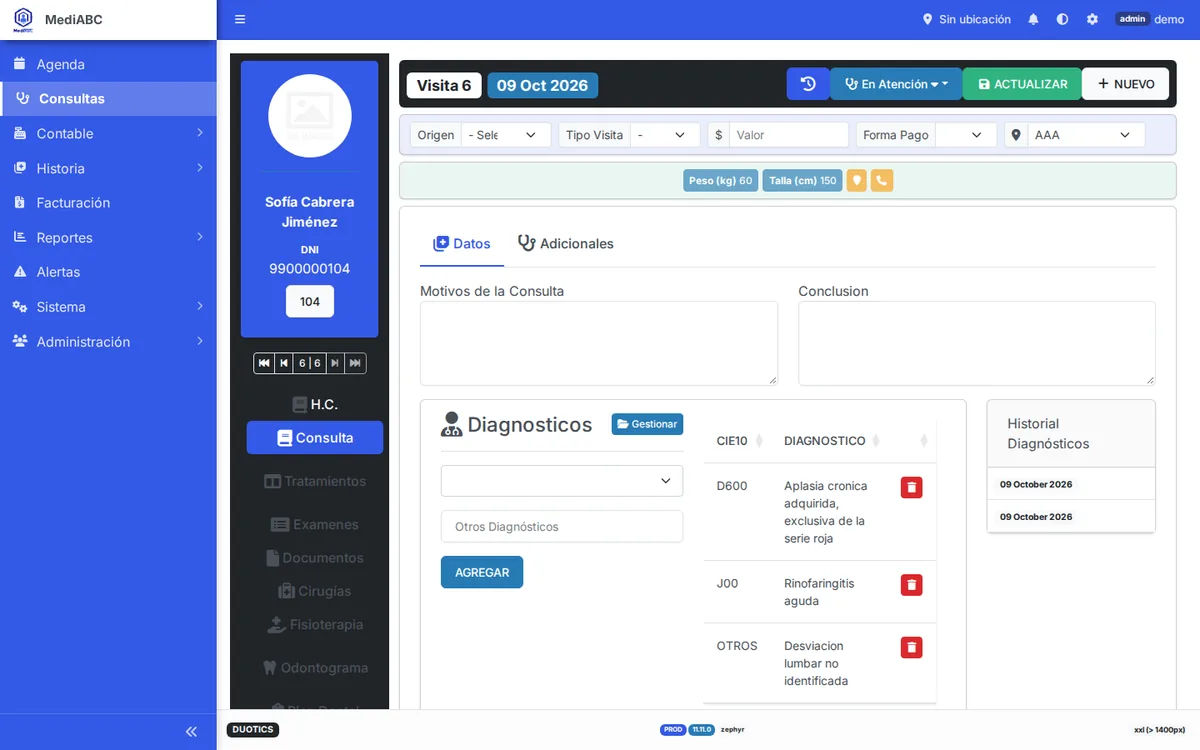 Pantalla de consulta médica con diagnósticos CIE-10 en el sistema MediABC