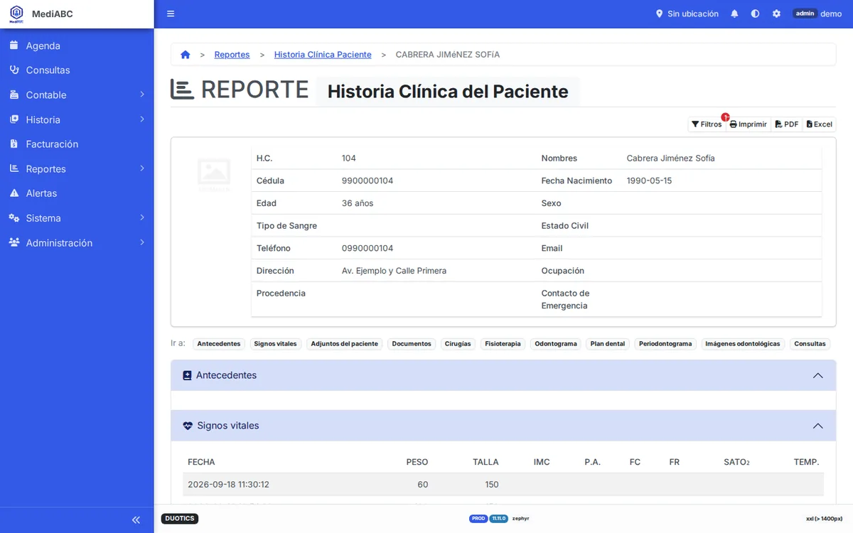 Reporte de historia clínica del paciente en el sistema MediABC